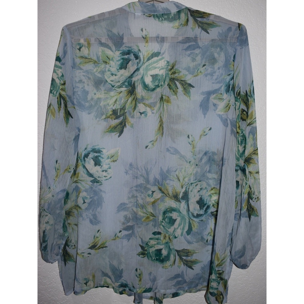 Susan Graver Top 2X Blue Floral Pintuck V-Neck Sheer Lace Sleeve Tunic Blouse - Picture 2 of 16
